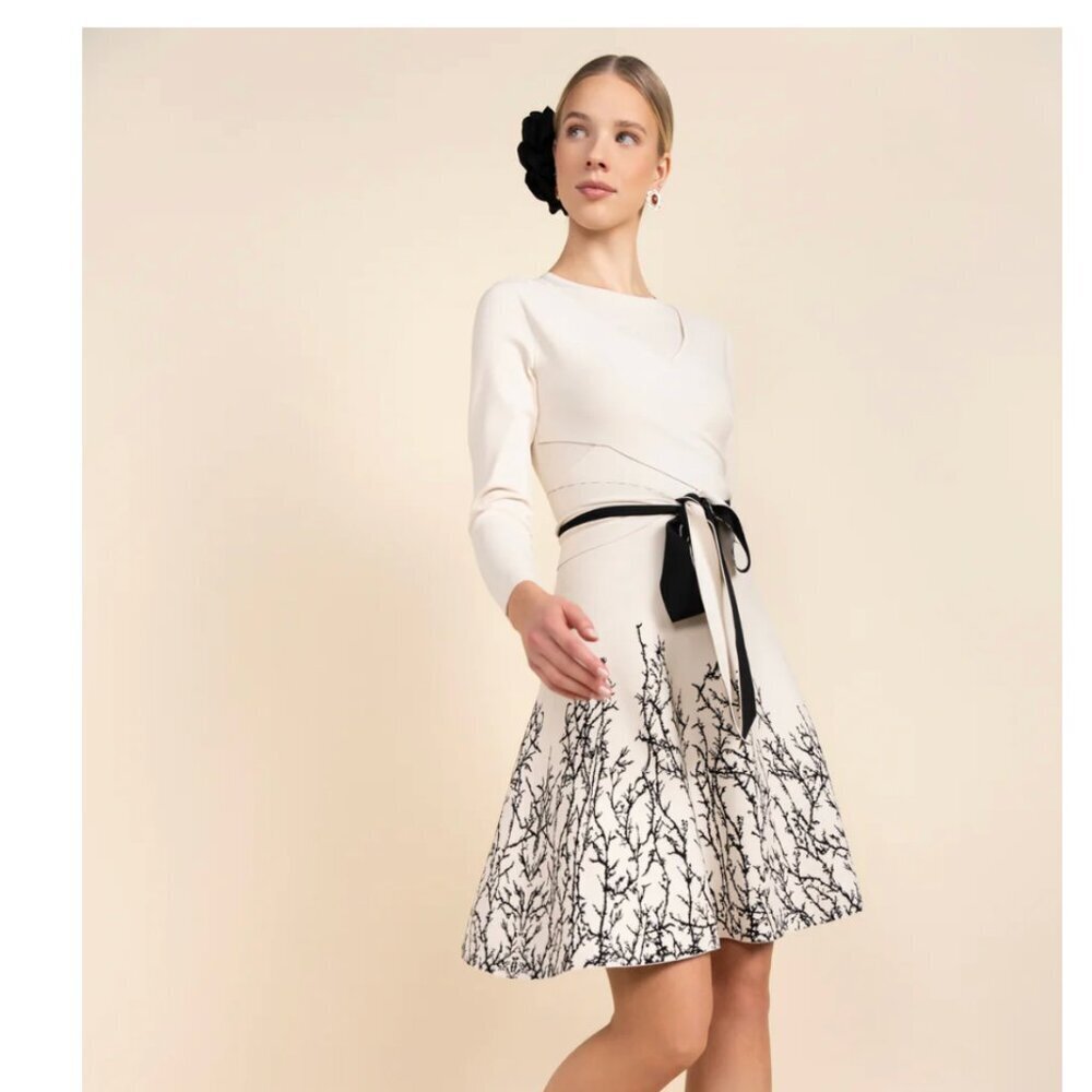 Apparalel Mercer Dress Branch Print Wrap Tie Waist Ivory Black Size Small